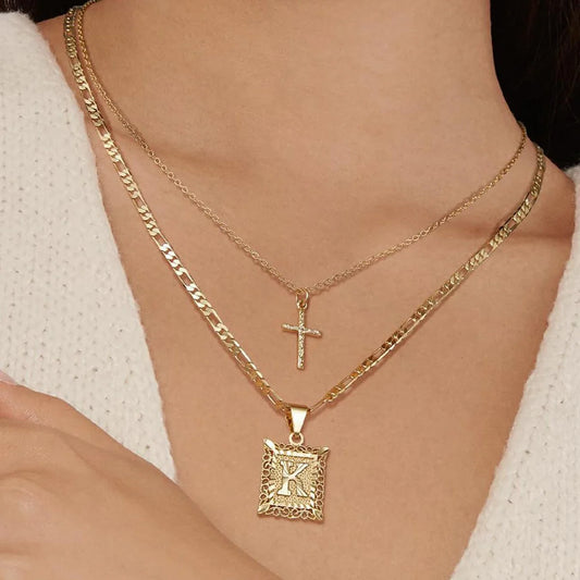 2er-Set 14k Halsketten mit Initiale und Kreuz